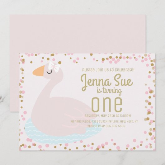 Cute Swan Pink Bow Confetti Girls Birthday Party Kaart (Voorkant / Achterkant)