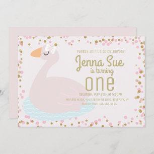 Cute Swan Pink Bow Confetti Girls Birthday Party Kaart