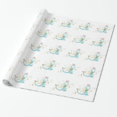 *~* Cute Sweet Blue Dragon Dinosaurs Flowers Cadeaupapier (Uitgerold)