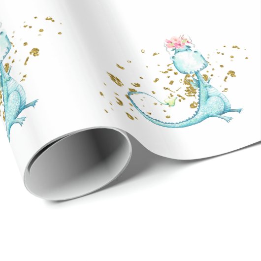 *~* Cute Sweet Blue Dragon Dinosaurs Flowers Cadeaupapier (Rol Hoek)