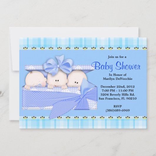 CUTE Sweet Blue Triplets Baby shower Kaart (Voorkant)