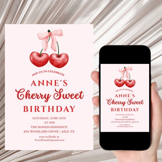 cute Sweet Cherry Birthday Invitation Girl Kaart
