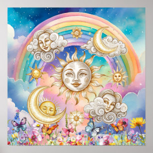 Cute Sweet Dreams Bloem Zon, Sterren & Maan Poster