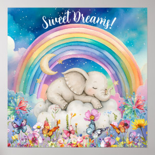 Cute Sweet Dreams Bloemrijke Regenboog & Olifant Poster
