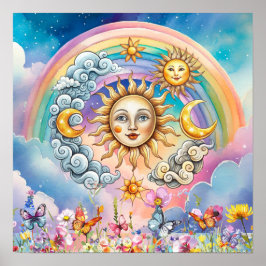 Cute Sweet Dreams Floral Sun, Stars & Moon  Poster