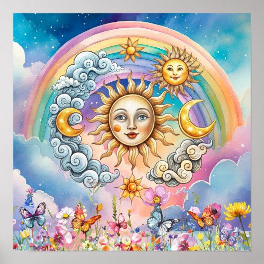 Cute Sweet Dreams Floral Sun, Stars & Moon  Poster (Voorkant)