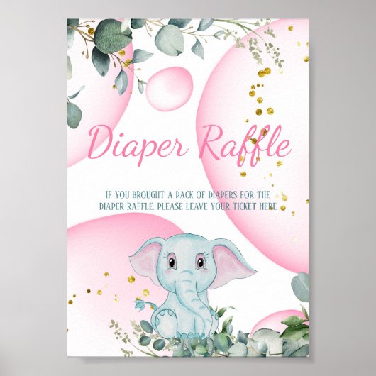 Cute Sweet Elephant Eucalyptus Pink Diaper Raffle Poster (Voorkant)