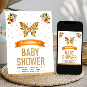 Cute Sweet Floral Gold Butterfly Girls Baby shower Kaart
