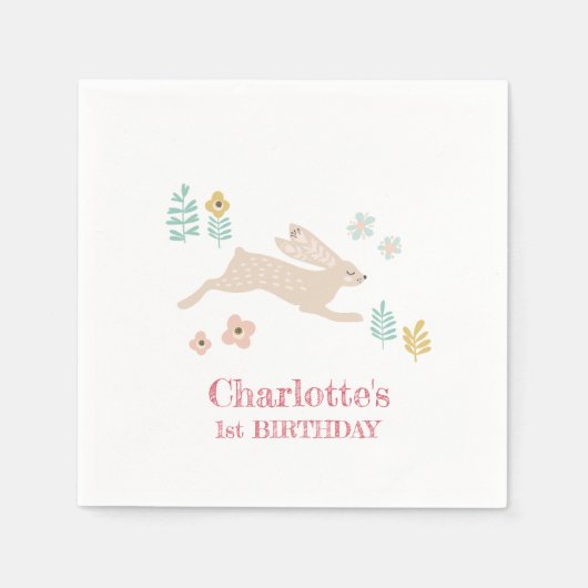Cute Sweet Konijn Konijn Dieren 1e Verjaardagsfees Servet (Voorkant)