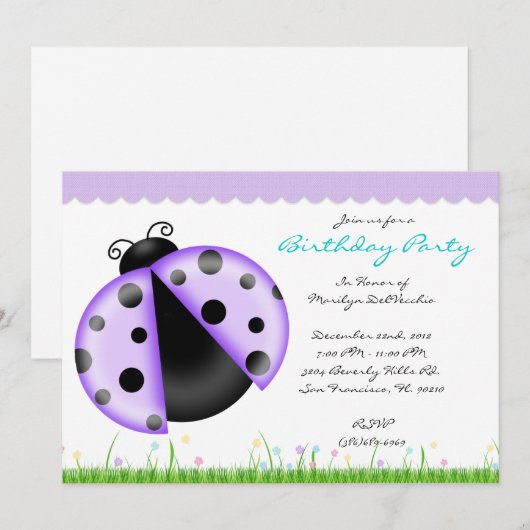 CUTE Sweet Paars and Blue Lady Bug Birthday Party Kaart (Voorkant / Achterkant)