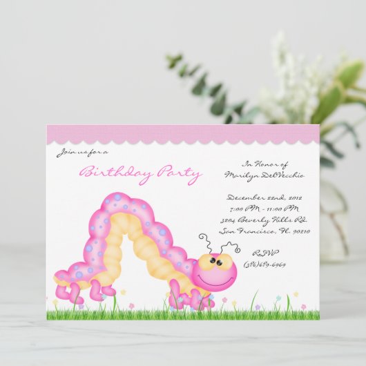 CUTE Sweet Pink Caterstyle Bug Birthday Party Kaart (Staand voorkant)