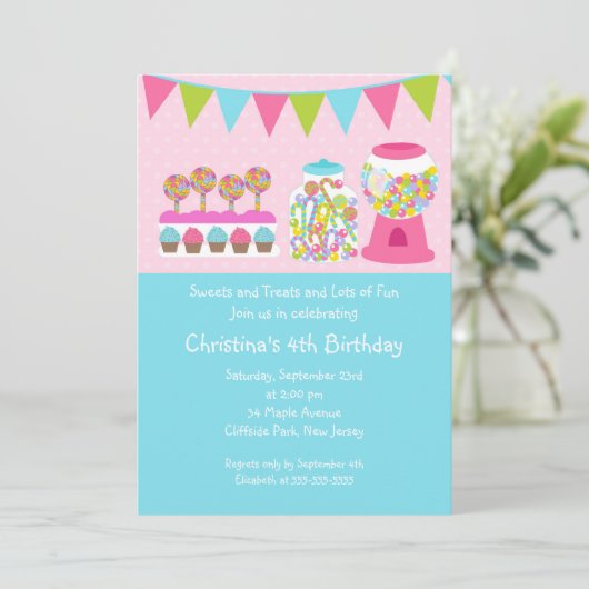 Cute Sweet Treat Birthday Party Invitation Kaart (Staand voorkant)