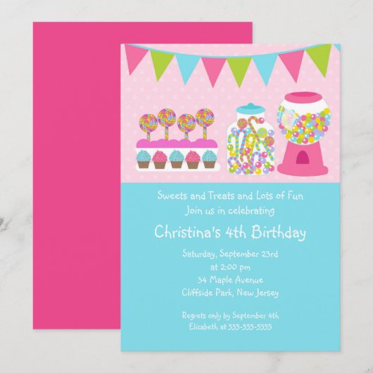 Cute Sweet Treat Birthday Party Invitation Kaart (Voorkant / Achterkant)