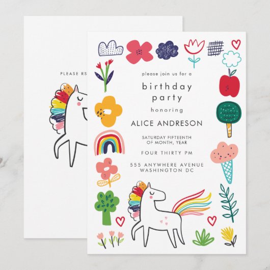 Cute Sweet Unicorn Kids Birthday Party Kaart (Voorkant / Achterkant)