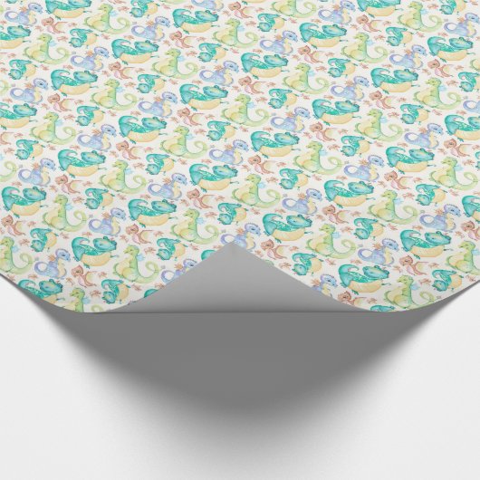 *~* Cute Sweet Whimsical Dragon Dinosaurs Cadeaupapier (Hoek)