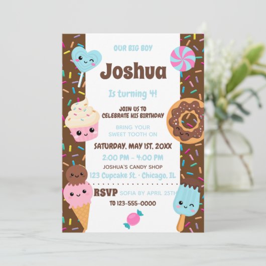 Cute Sweets Kawaii Boy Birthday Party Kaart (Staand voorkant)