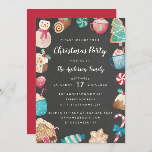 Cute Sweets Waterverf Kerstparty uitnodiging (Voorkant / Achterkant)