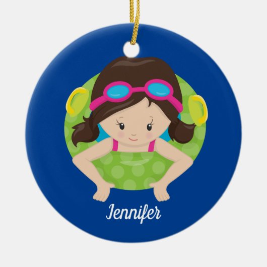 Cute Swim Team Girl Blue Monogram Kinder Kerstmis Keramisch Ornament (Voorkant)