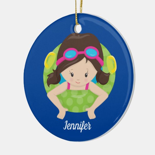 Cute Swim Team Girl Blue Monogram Kinder Kerstmis Keramisch Ornament (Links)