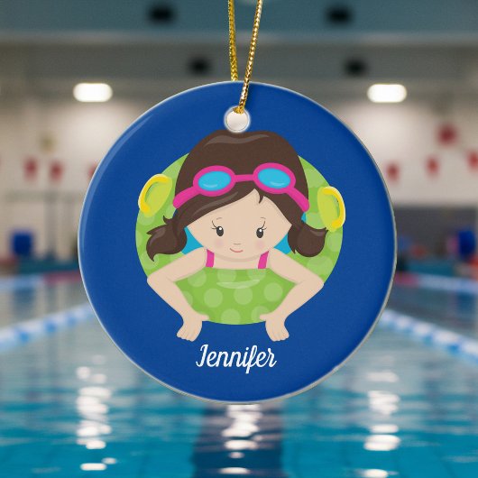 Cute Swim Team Girl Blue Monogram Kinder Kerstmis Keramisch Ornament