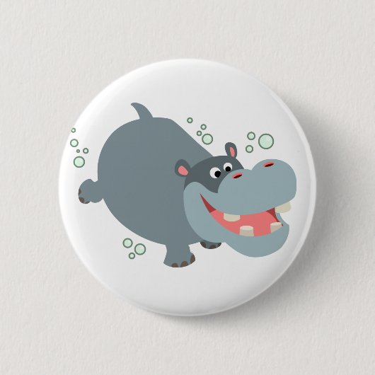Cute Swimming Cartoon Hippo Button Badge (Voorkant)