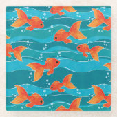 Cute Swimming Goldfish & Water Pattern Glazen Onderzetter (Voorkant)