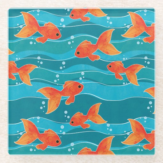 Cute Swimming Goldfish & Water Pattern Glazen Onderzetter (Voorkant)