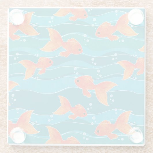Cute Swimming Goldfish & Water Pattern Glazen Onderzetter (Achterkant)