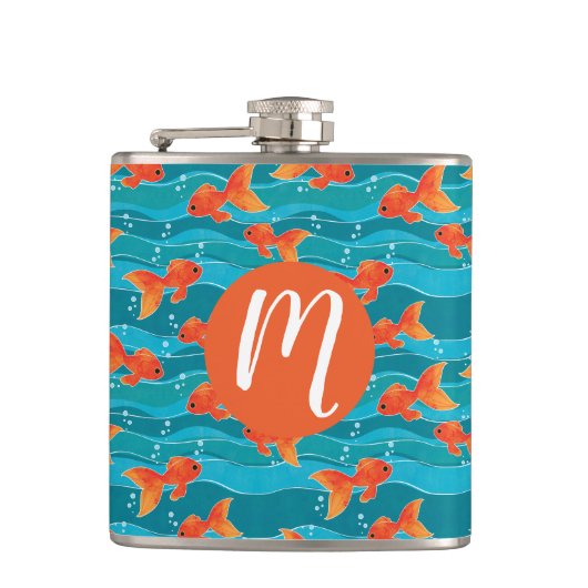 Cute Swimming Goldfish & Water Pattern Heupfles (Voorkant)