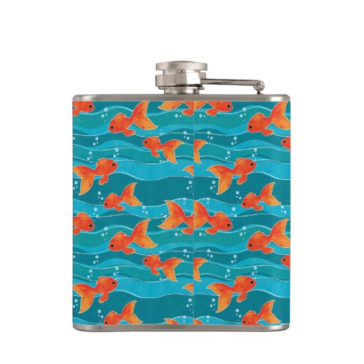 Cute Swimming Goldfish & Water Pattern Heupfles (Achterkant)