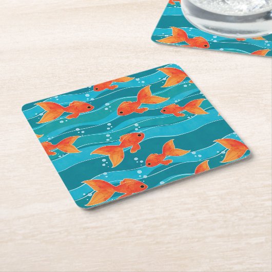 Cute Swimming Goldfish & Water Pattern Kartonnen Onderzetters (Schuin)