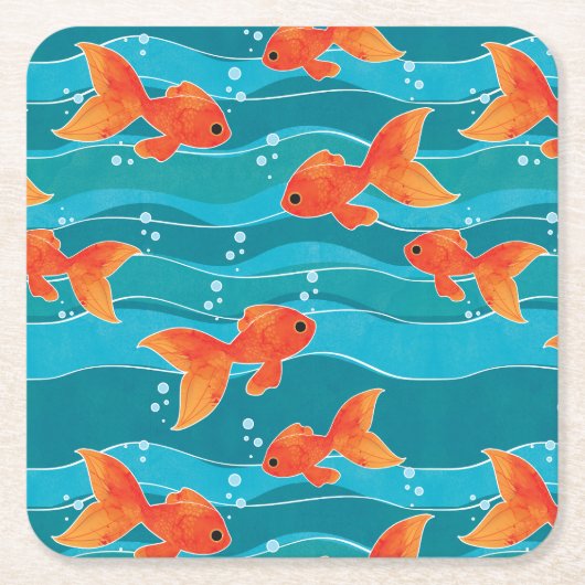 Cute Swimming Goldfish & Water Pattern Kartonnen Onderzetters (Voorkant)