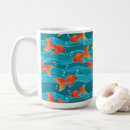 Cute Swimming Goldfish & Water Pattern Koffiemok