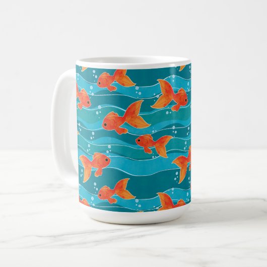 Cute Swimming Goldfish & Water Pattern Koffiemok (Voorkant links)