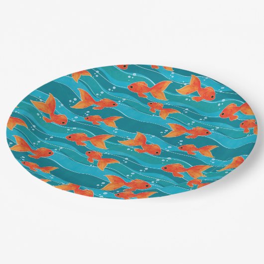 Cute Swimming Goldfish & Water Pattern Papieren Bordje (Gekanteld)