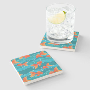 Cute Swimming Goldfish & Water Pattern Stenen Onderzetter