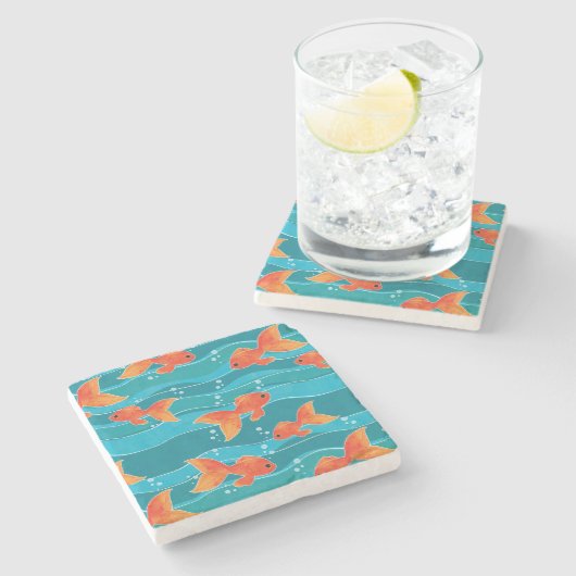 Cute Swimming Goldfish & Water Pattern Stenen Onderzetter (Zijkant)