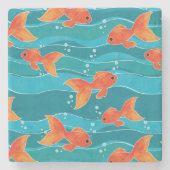 Cute Swimming Goldfish & Water Pattern Stenen Onderzetter (Voorkant)