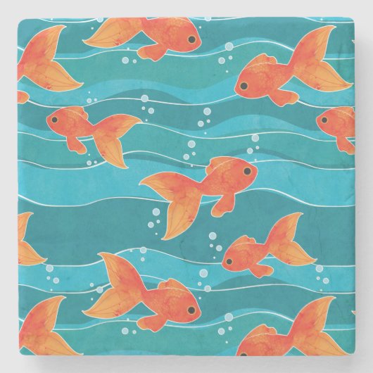 Cute Swimming Goldfish & Water Pattern Stenen Onderzetter (Voorkant)