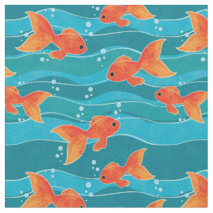 Cute Swimming Goldfish & Water Pattern Stof