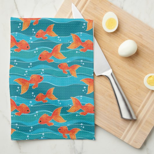 Cute Swimming Goldfish & Water Pattern Theedoek (Quarter Fold)