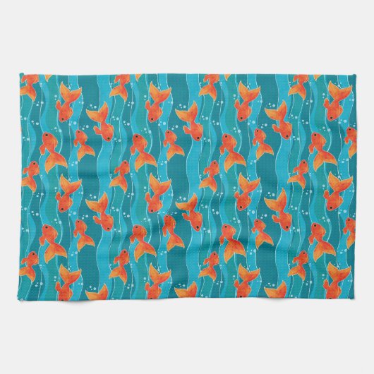 Cute Swimming Goldfish & Water Pattern Theedoek (Horizontaal)