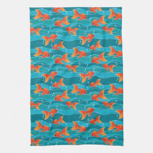 Cute Swimming Goldfish & Water Pattern Theedoek (Verticaal)
