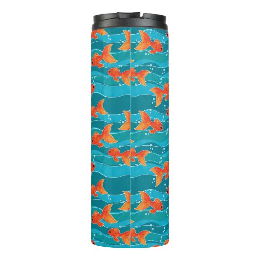 Cute Swimming Goldfish & Water Pattern Thermosbeker (Achterkant)