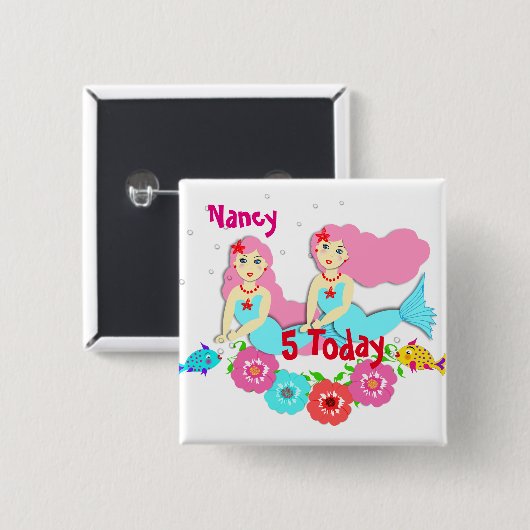 Cute Swimming Mermaid Thered Personalized Vierkante Button 5,1 Cm (Voorkant /achterkant)