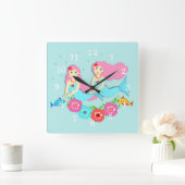 Cute Swimming Mermaids Thema Vierkante Klok (Huis)