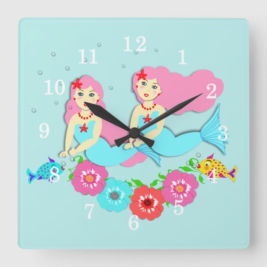 Cute Swimming Mermaids Thema Vierkante Klok (Voorkant)