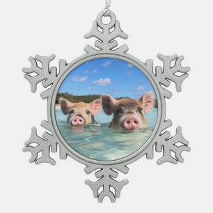 Cute Swimming Pig Exuma Bahamas Tin Sneeuwvlok Ornament