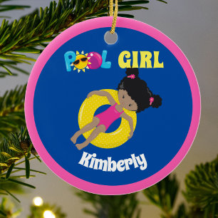 Cute Swimming Pool African American Girl Custom Keramisch Ornament