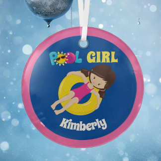Cute Swimming Pool Girl Aangepast roze Blauwe Kers Glas Ornament